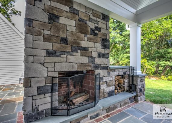 Close up of fireplace in 16' x 22' Attached A-Frame Vintage Pavilion with Fireplace & Outdoor Kitchen in Doylestown PA