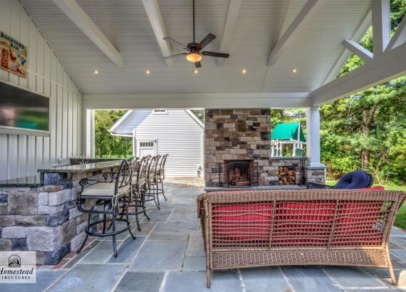 Interior shot of 16' x 22' Attached A-Frame Vintage Pavilion with Fireplace & Outdoor Kitchen in Doylestown PA