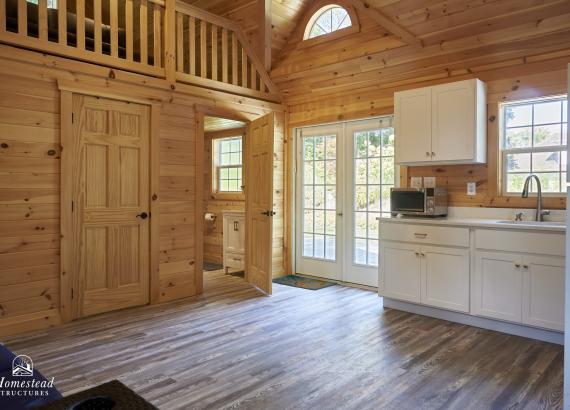 Finished interior kitchen and living room in 16' x 24' Custom A-Frame Pool House in Monsey, NY 