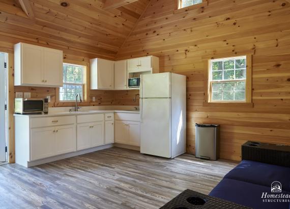 Finished interior kitchen and living room in 16' x 24' Custom A-Frame Pool House in Monsey, NY 