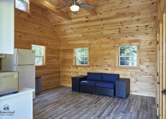 Finished interior kitchen and living room in 16' x 24' Custom A-Frame Pool House in Monsey, NY 