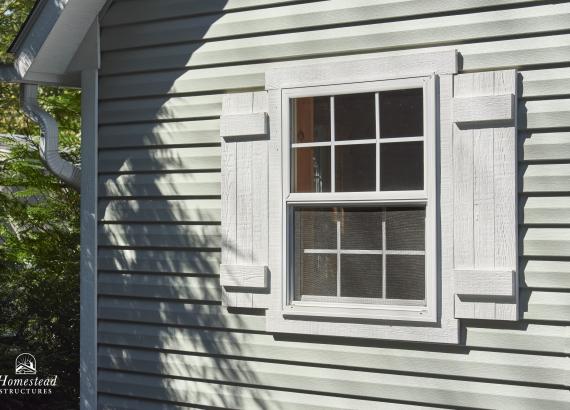 Window with shutters on 16' x 24' Custom A-Frame Pool House with Finished Interior in Monsey, NY 