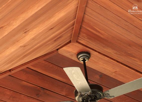 Mahogany stained T&G pine ceiling with ceiling fans on a 16' x 24' Vintage Pavilion in Norwood MA