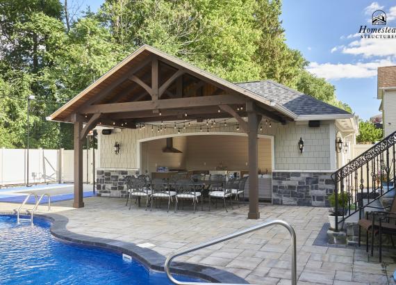 Exterior Shot of 16' x 28' Custom Hip Pool House with Timber Frame Truss in Staten Island NY