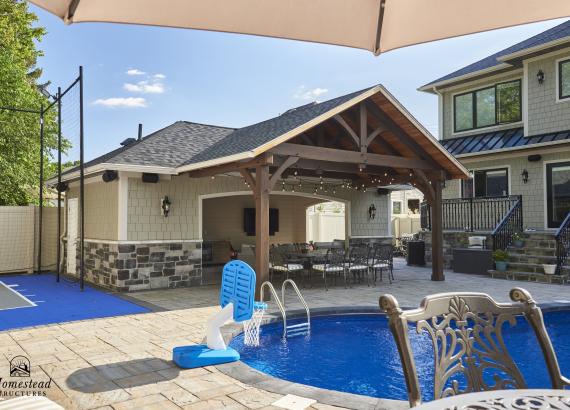 Exterior View of 16' x 28' Custom Hip Pool House with Timber Frame Truss in Staten Island NY