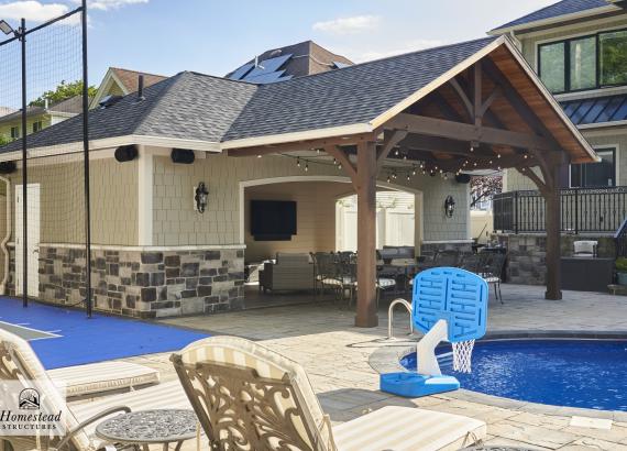 Exterior View of 16' x 28' Custom Hip Pool House with Timber Frame Truss in Staten Island NY