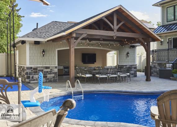 Exterior View of 16' x 28' Custom Hip Pool House with Timber Frame Truss in Staten Island NY