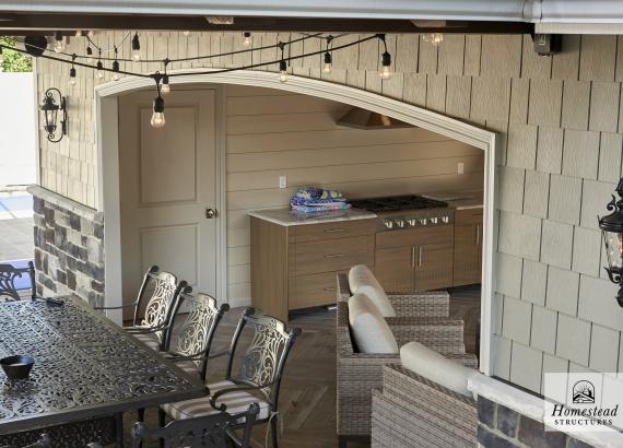 Under the Pavilion View of  16' x 28' Custom Hip Pool House with Timber Frame Truss in Staten Island NY