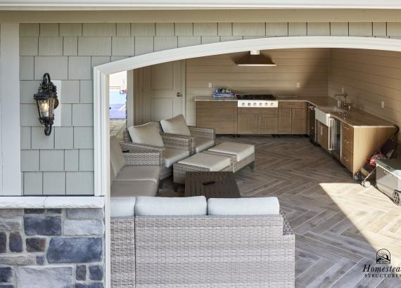 Under the Pavilion View of  16' x 28' Custom Hip Pool House with Timber Frame Truss in Staten Island NY