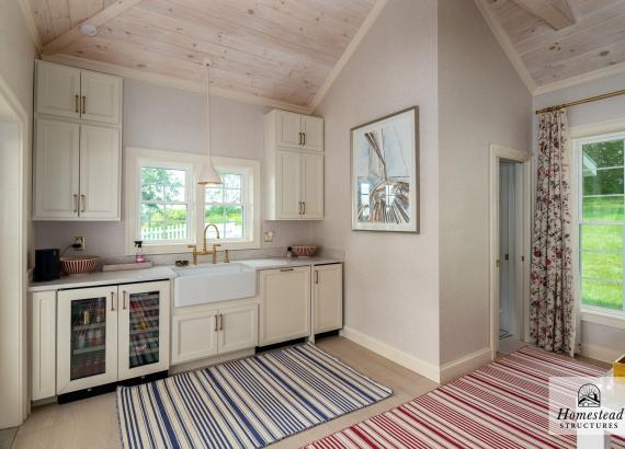 Kitchen area of 16' x 30' Luxury Hip Roof Pool House in Greenwich, Connecticut