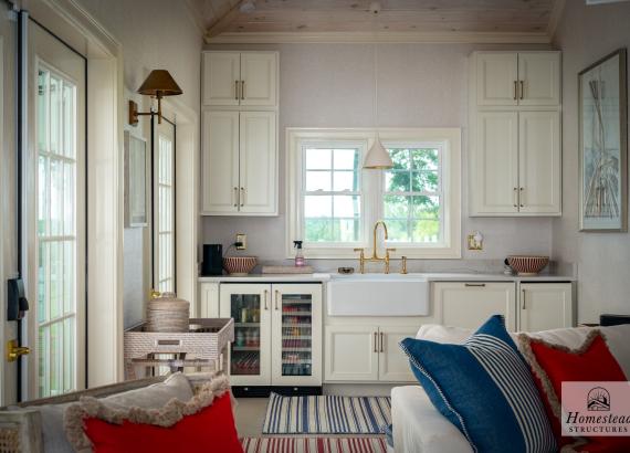 Kitchen area of 16' x 30' Luxury Hip Roof Pool House in Greenwich, Connecticut