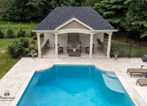 Exterior photo of pool and 18x20 Custom Avalon Pool House in Wayne PA