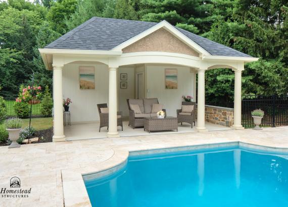 Exterior photo of pool and 18x20 Custom Avalon Pool House in Wayne PA