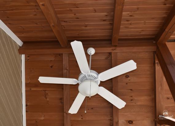 Ceiling fan with light and Timber Frame rafters on 18' x 22' Century Pool House with Timber Frame Pavilion - Gwynedd Valley PA