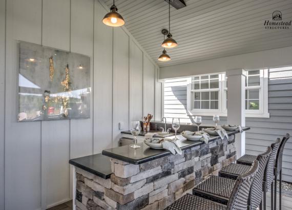 Bar Counter of 18' x 24' A-Frame Avalon Pool House with open Maple Leaf gable in Homestead Structures Outdoor Showroom