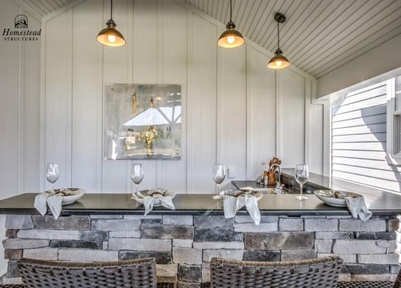 Bar Counter of 18' x 24' A-Frame Avalon Pool House with open Maple Leaf gable in Homestead Structures Outdoor Showroom