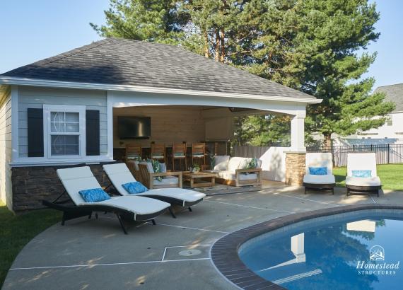 View from across the pool of 18' x 24' Hip Roof Avalon Pool House in Harleysville PA