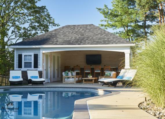 View from across the pool of 18' x 24' Hip Roof Avalon Pool House in Harleysville PA