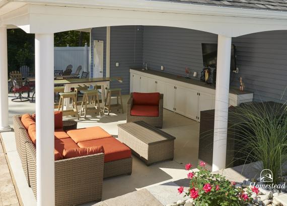 Interior of 18'x30' Avalon Pool House in NJ with bar counter & cabinets