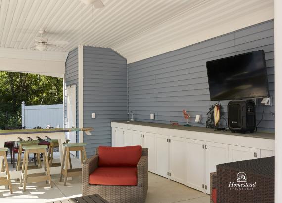 Interior of 18'x30' Avalon Pool House in NJ with bar counter & cabinets