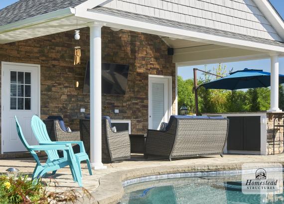 Under the pavilion of a of 20' x 18' A-Frame Avalon Pool House in Gilbertsville PA