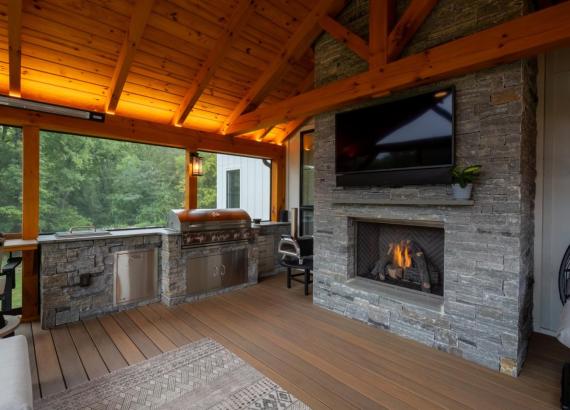 Outdoor Kitchen & Fireplace in Attached 20' x 20' Timber Frame Pavilion with Timbertech Deck in Royersford