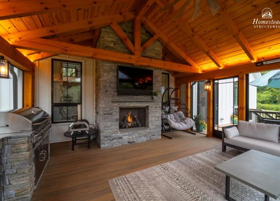 Interior view of Attached 20' x 20' Timber Frame Pavilion with Timbertech Deck in Royersford