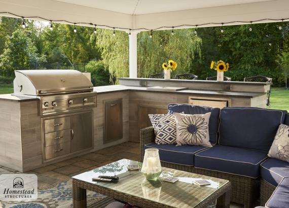 Under the Pavilion of a Outdoor Bar of 20' x 2' Attached Vintage Pavilion with Outdoor Kitchen in Bridgewater, New Jersey