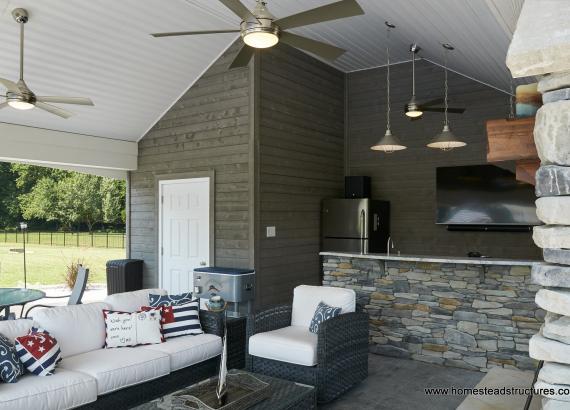 Avalon interior with stone fireplace & bar