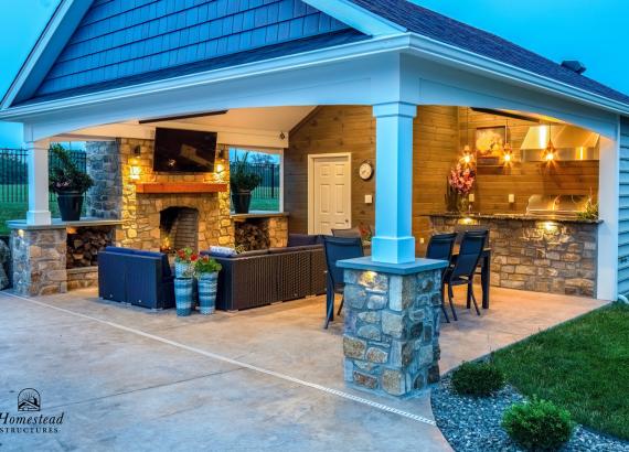 Twilight shot of 20' x 25' A-Frame Avalon Pool House with Outdoor Kitchen in Limerick, PA