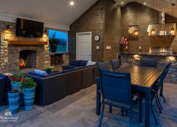 Under the pavilion of a 20' x 25' A-Frame Avalon Pool House with Outdoor Kitchen in Limerick, PA