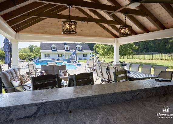 Under the pavilion of a 20' x 30' A-Frame Avalon Pool House in Catharpin VA