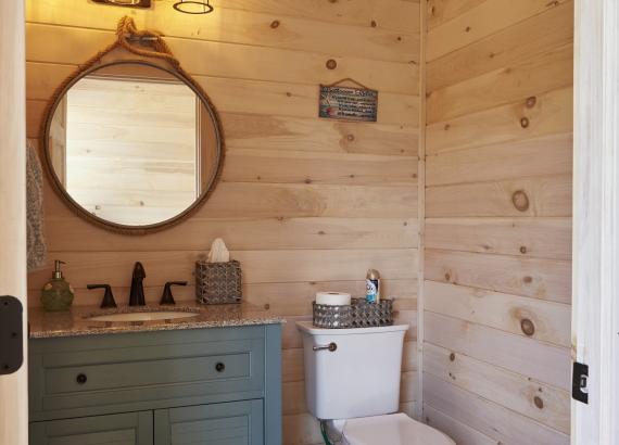 Half bath & changing room in 20' x 30' A-Frame Avalon Pool House in Catharpin VA