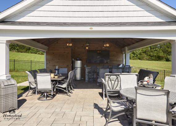 Under the pavilion of a 20' x 30' A-Frame Avalon Pool House in Catharpin VA