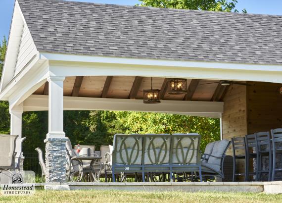 Under the pavilion of a 20' x 30' A-Frame Avalon Pool House in Catharpin VA