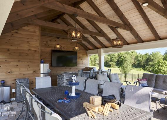 Under the pavilion of a 20' x 30' A-Frame Avalon Pool House in Catharpin VA