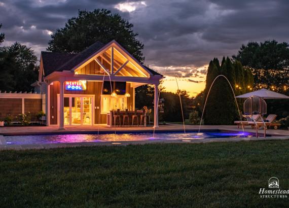 Evening Shot  of Custom 20' x 40' Avalon Pool House in Shenandoah Junction, WV