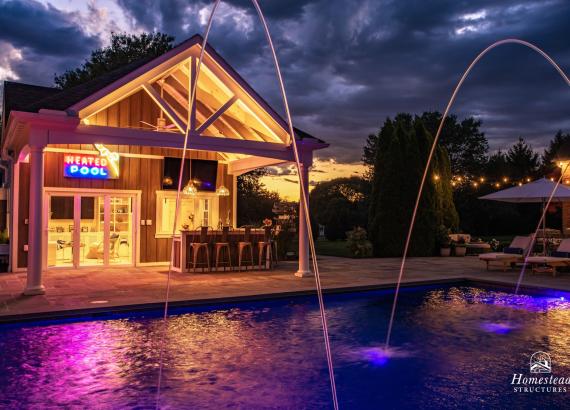 Evening Shot  of Custom 20' x 40' Avalon Pool House in Shenandoah Junction, WV