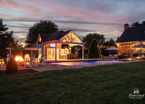 Twilight Shot  of Custom 20' x 40' Avalon Pool House in Shenandoah Junction, WV