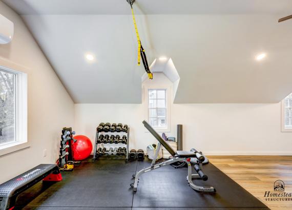 Interior photo of gym space in 21' x 43' 3-Car Garage in Wayne PA with 2nd floor Gym & Living Space