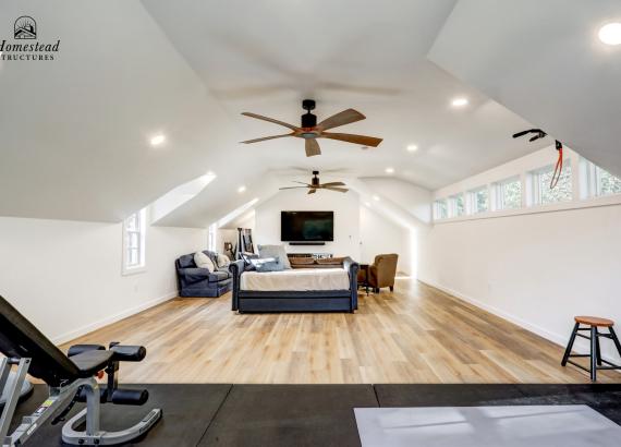 Interior photo of 2nd floor in a 21' x 43' 3-Car Garage in Wayne PA with 2nd floor Gym & Living Space