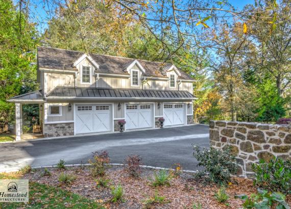 Exterior shot of 21' x 43' 3-Car Garage in Wayne PA with 2nd floor Gym & Living Space