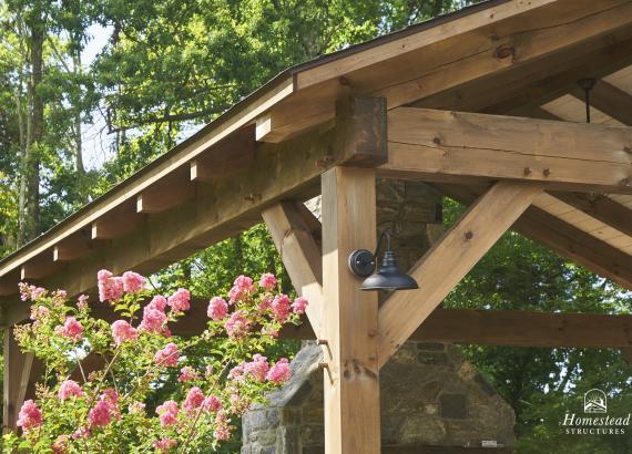 Post & Gable Detail of 22' x 22' Timber Frame Pavilion with Bar & Fireplace in Newtown, PA