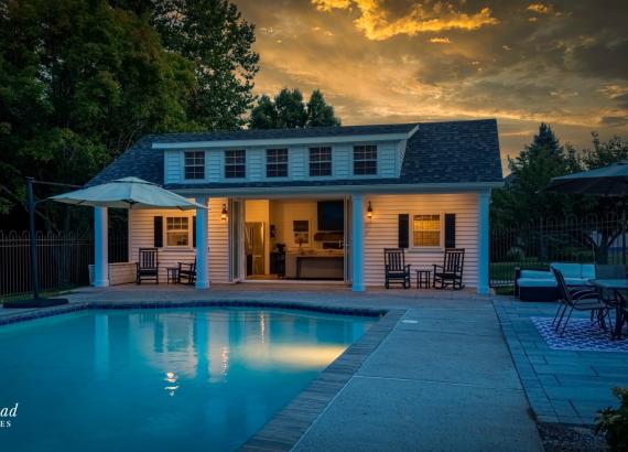 Twilight shot of 22' x 34' Custom A-Frame Pool House in Glenmoore, PA