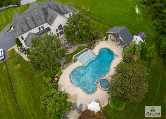 Drone photo of 24' x 14' Timber Frame Belmar Pavilion in Phoenixville PA 