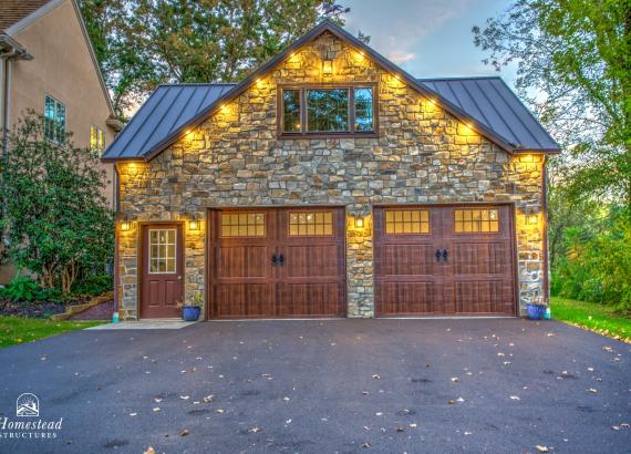 Exterior Twilight photo of 24' x 30' Custom 2-Car Garage with Cathedral Ceilings in New Hope PA