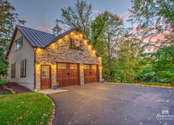 Exterior Twilight photo of 24' x 30' Custom 2-Car Garage with Cathedral Ceilings in New Hope PA