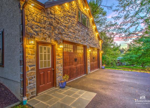 Exterior Twilight photo of 24' x 30' Custom 2-Car Garage with Cathedral Ceilings in New Hope PA