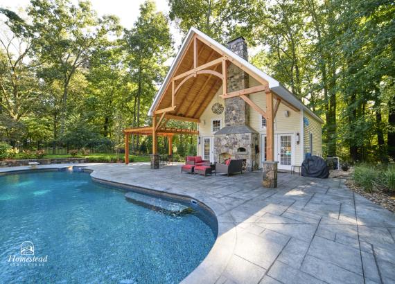 24' x 38' Custom Liberty Pool House with Timber Frame Pavilion & Wood Pergola