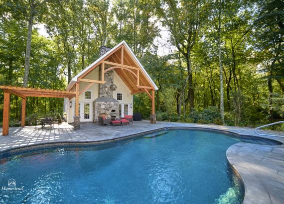 24' x 38' Custom Liberty Pool House with Timber Frame Pavilion & Wood Pergola